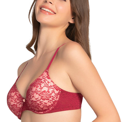 Floral Romance Padded Wired Lace Bra - Rumba Red-Impatiens Pink