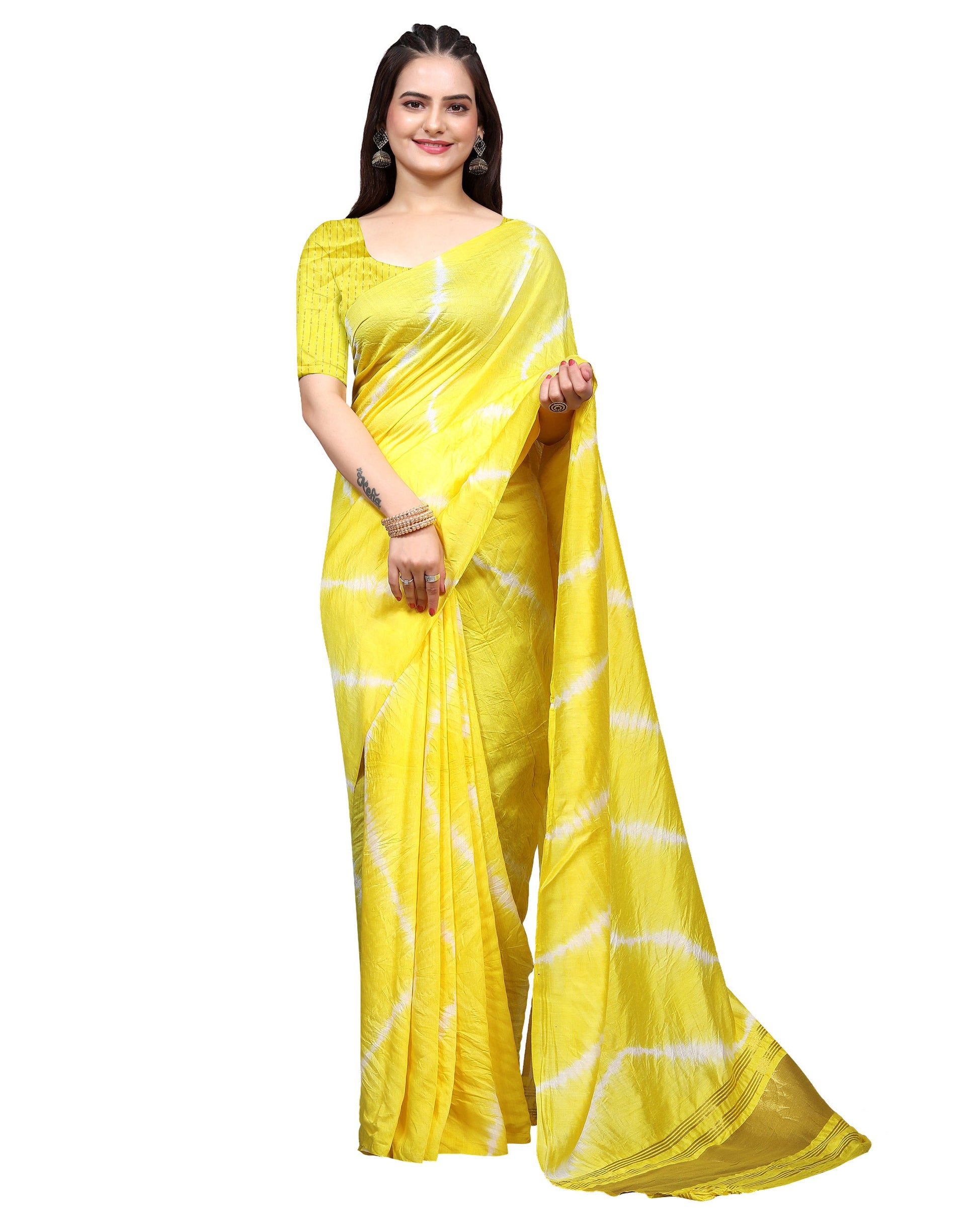 Lemon Yellow Leheriya Printed Chanderi Cotton Silk Lagdi Patta Saree