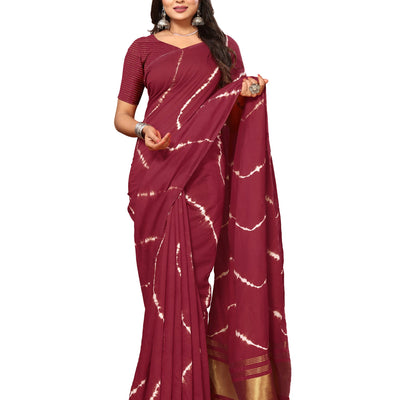 Maroon Leheriya Printed Chanderi Cotton Silk Lagdi Patta Saree