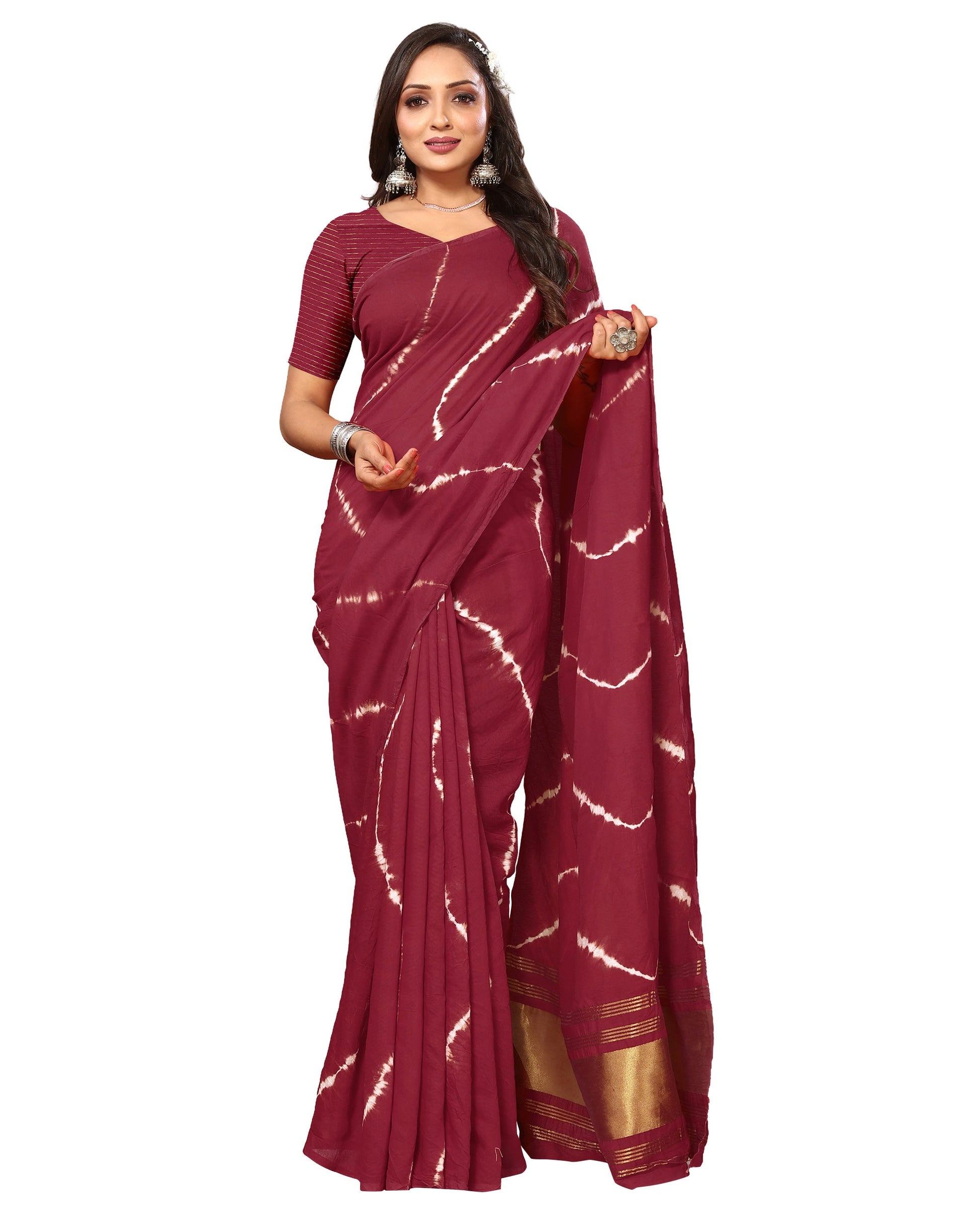 Maroon Leheriya Printed Chanderi Cotton Silk Lagdi Patta Saree