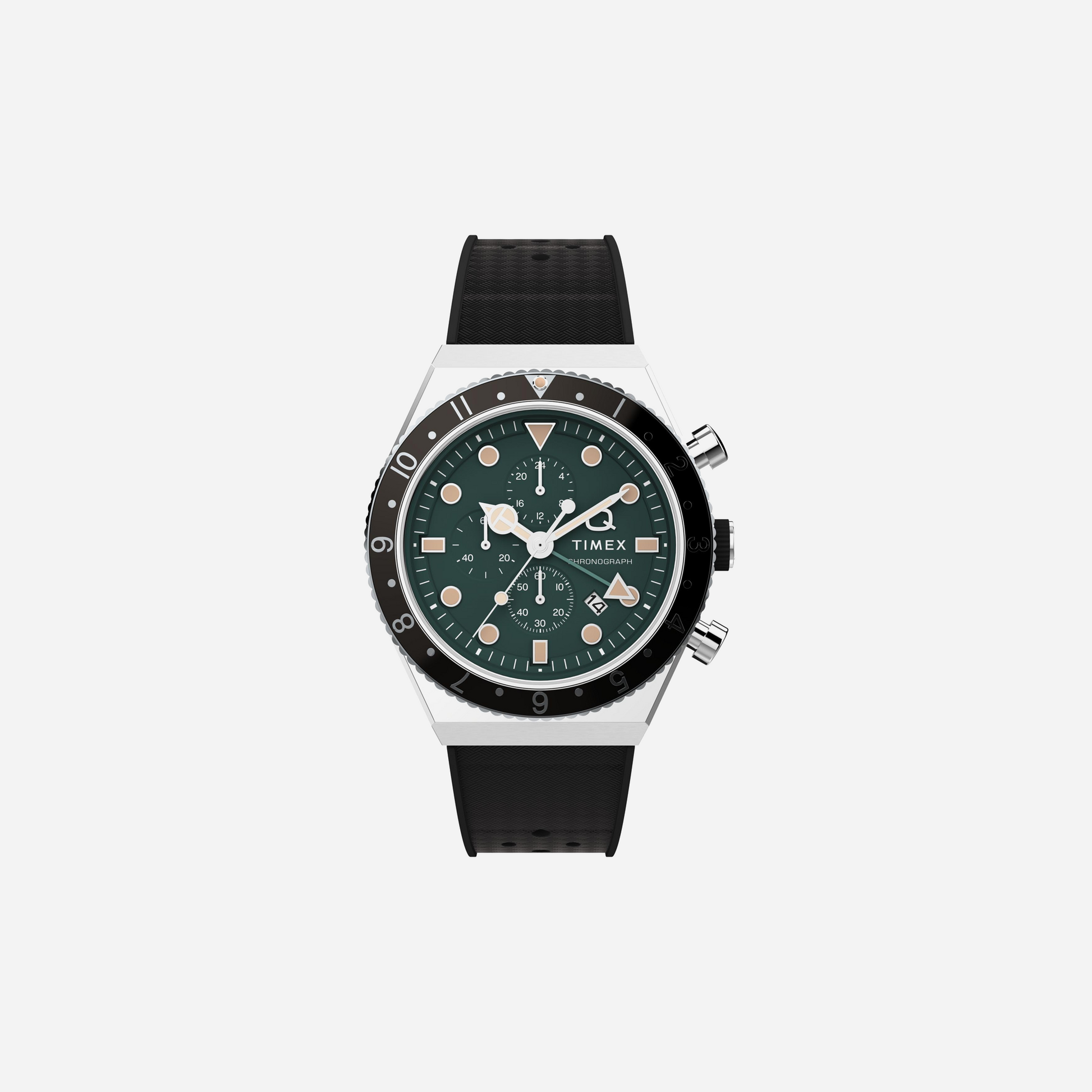 Q Timex 3-Time Zone Chronograph 40mm Synthetic Rubber Strap Green Watch