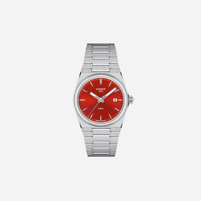 Tissot PRX Quartz 35mm Red Dial Grey Stainless Steel Watch