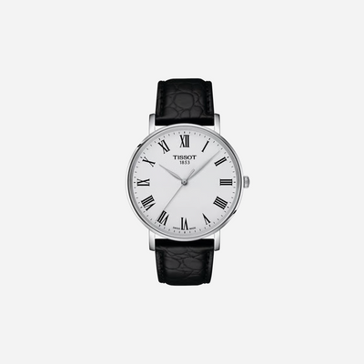 Tissot Everytime Silver Dial 40mm Black Leather Strap Quartz Watch