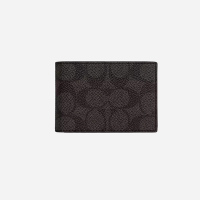 Coach Compact Billfold Wallet In Signature Canvas  signature canvas/Walnut & Black