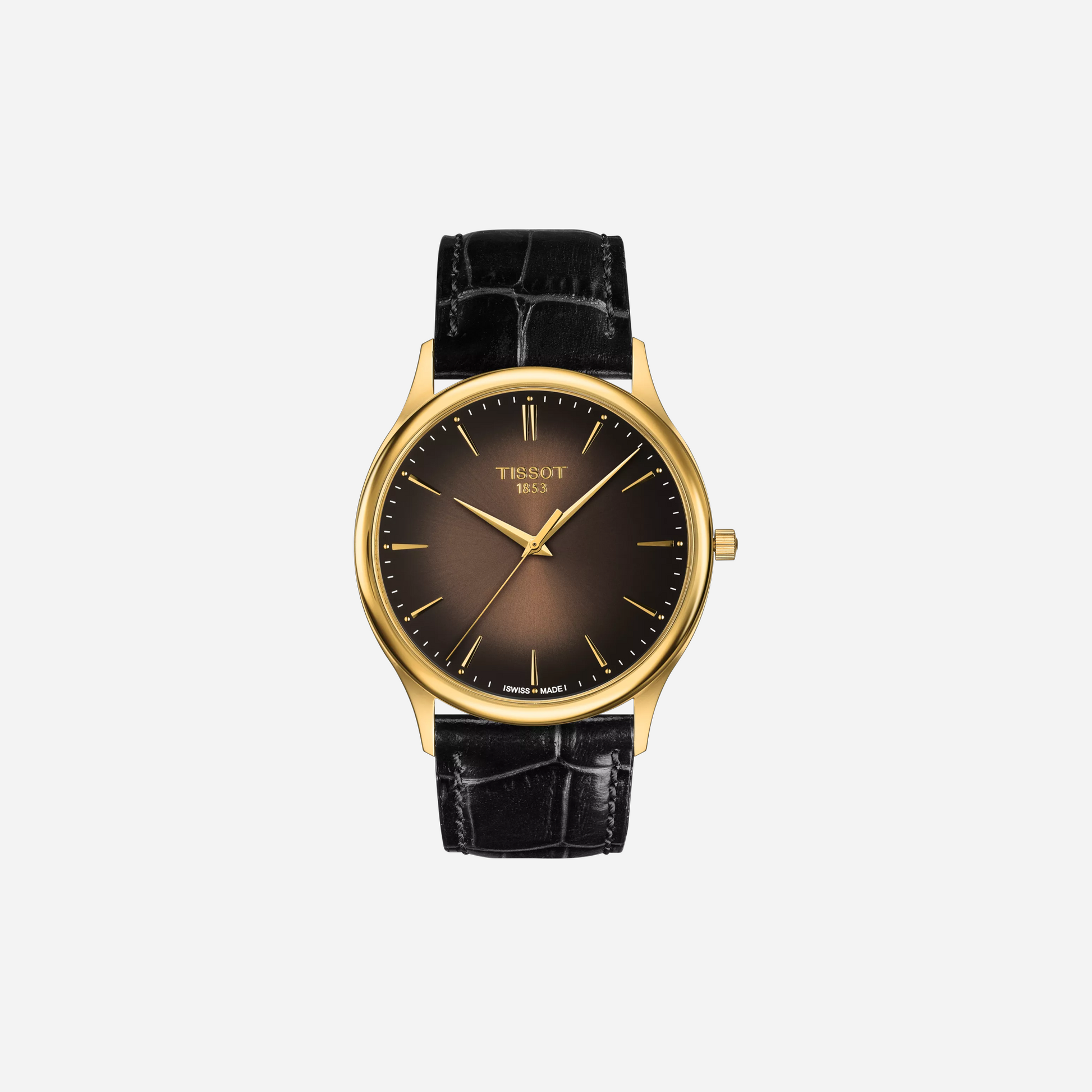 Tissot Excellence 18K Gold Graded Brown-Black Dial Black Leather Strap Watch
