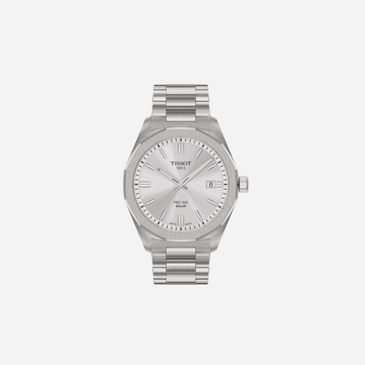 Tissot PRC 100 Solar Quartz Silver Dial Grey Stainless Steel Watch 39mm