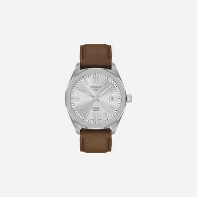 Tissot PRC 100 Solar Quartz 39mm Silver Dial Brown Leather Strap Watch