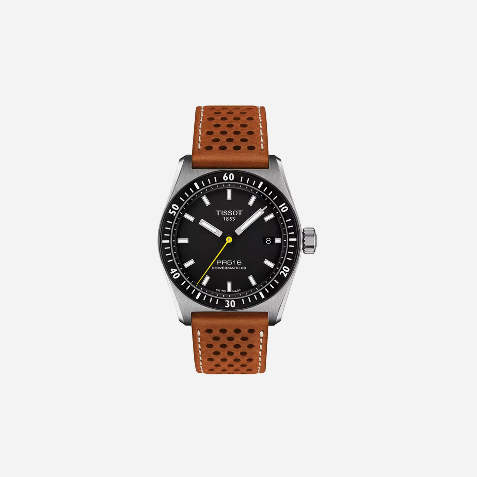 Tissot PR516 Powermatic 80 Black Dial 40mm Light Brown Leather Strap Automatic Watch