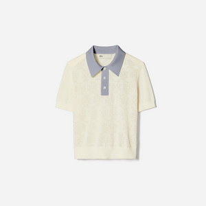 Tory Burch Cotton Pointelle Logo Polo New Ivory Lilac Whisper