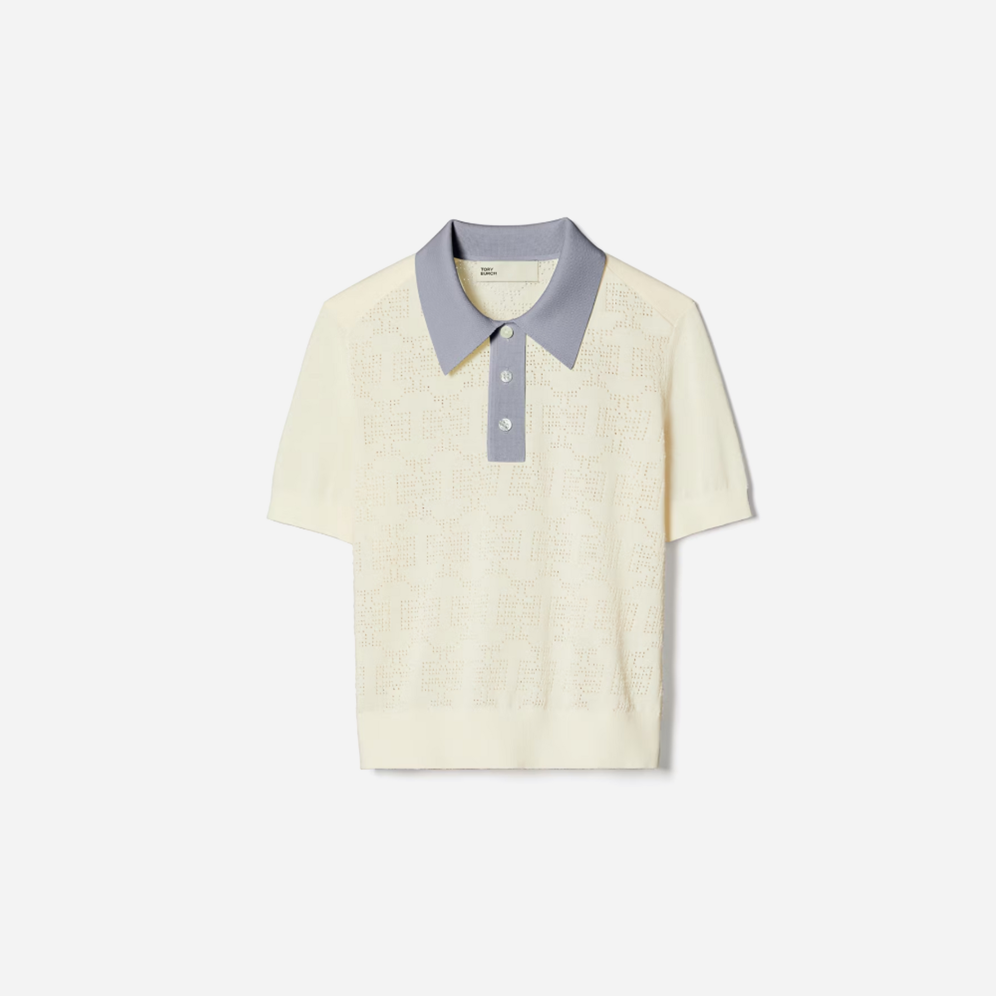 Tory Burch Cotton Pointelle Logo Polo New Ivory Lilac Whisper