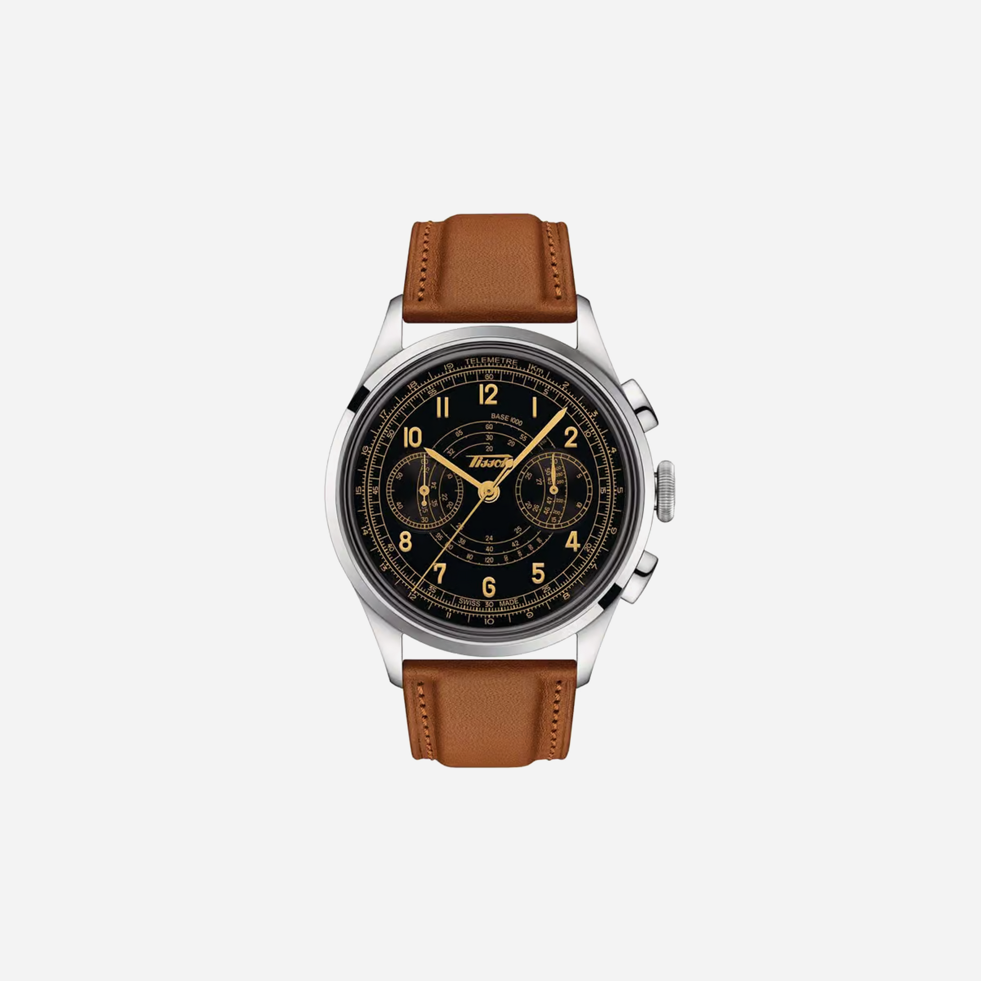 Tissot Telemeter 1938 Black Dial 42mm Light Brown Leather Strap Automatic Chronograph Watch