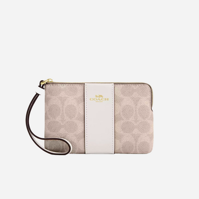 COACH Corner Zip Wristlet In Signature Canvas With Stripe Gold/Sand/Chalk
