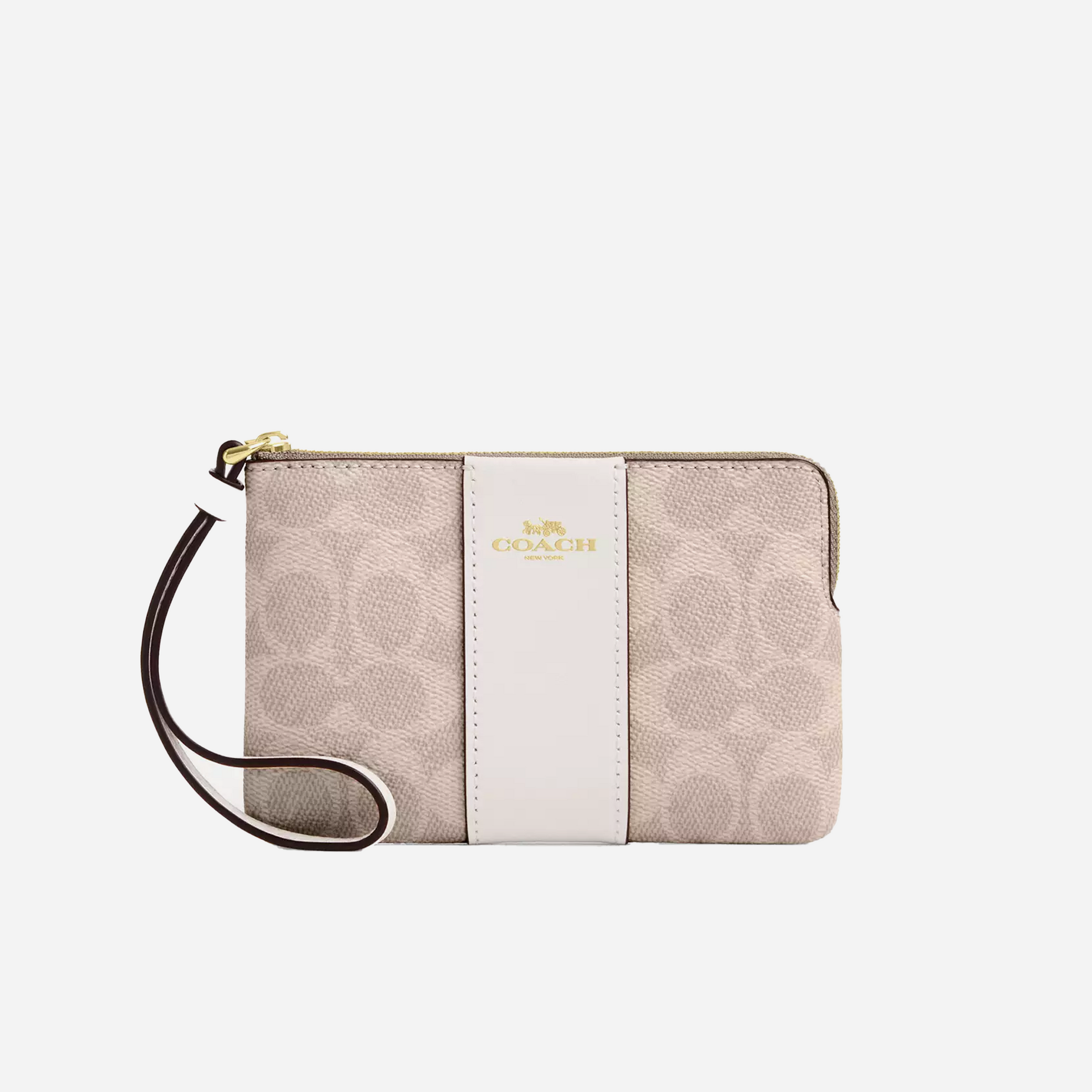 COACH Corner Zip Wristlet In Signature Canvas With Stripe Gold/Sand/Chalk