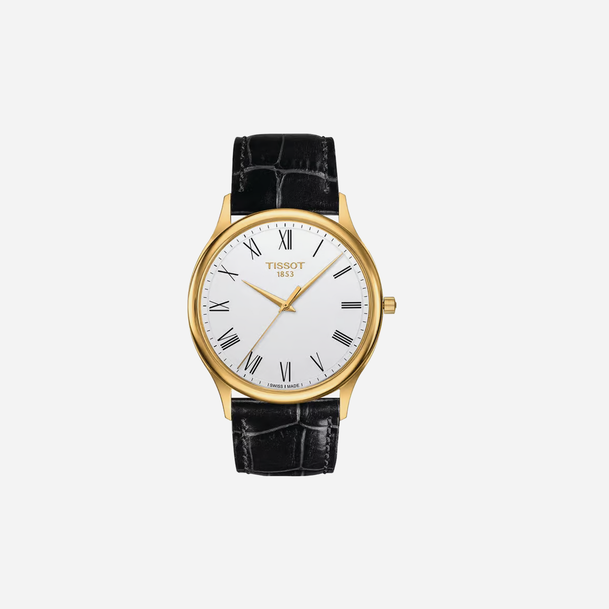 Tissot Excellence 18K Gold Silver Opalin Dial Black Leather Strap Watch