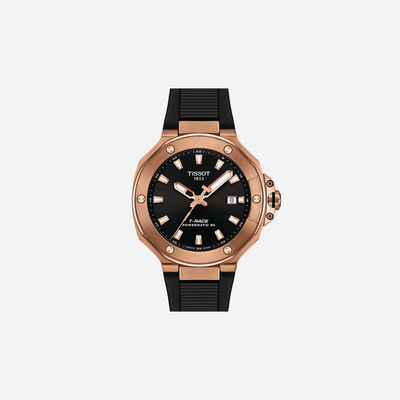 Tissot T-Race Powermatic 80 41mm Rose Gold PVD Case Black Dial Black Silicone Strap