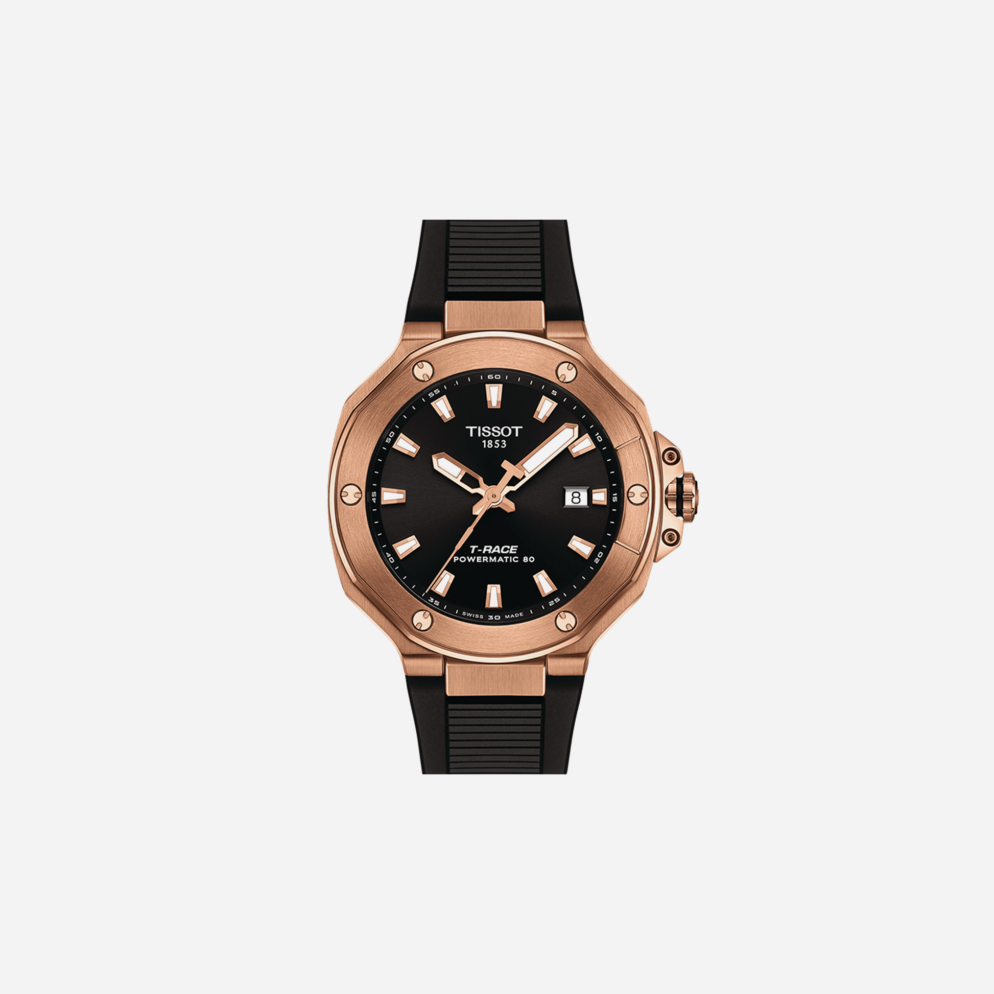 Tissot T-Race Powermatic 80 41mm Rose Gold PVD Case Black Dial Black Silicone Strap