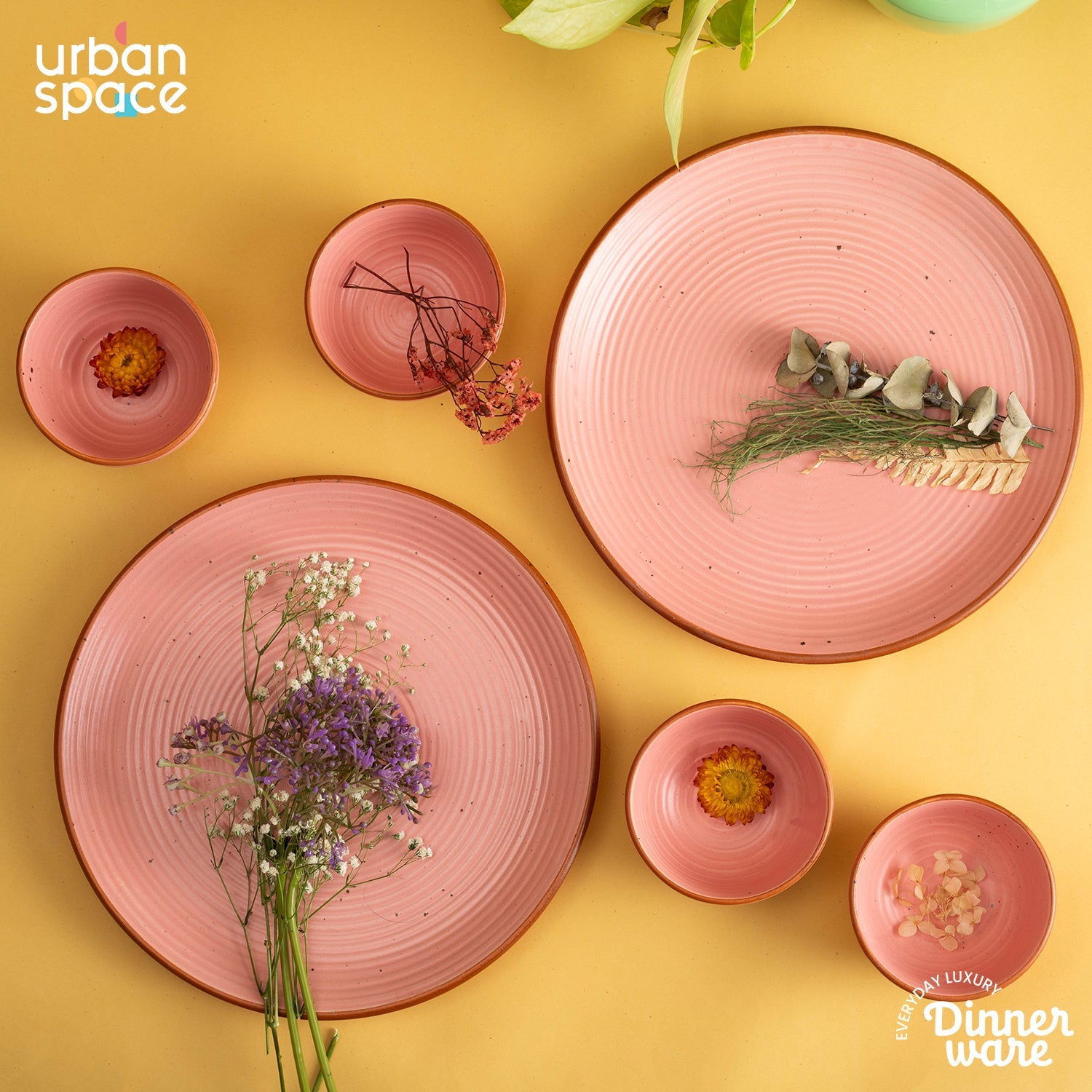 Handmade Ceramic Dinner Set for 2, set of 2 Dinner plates and 4 katoris, Set of 6, Warm Pink