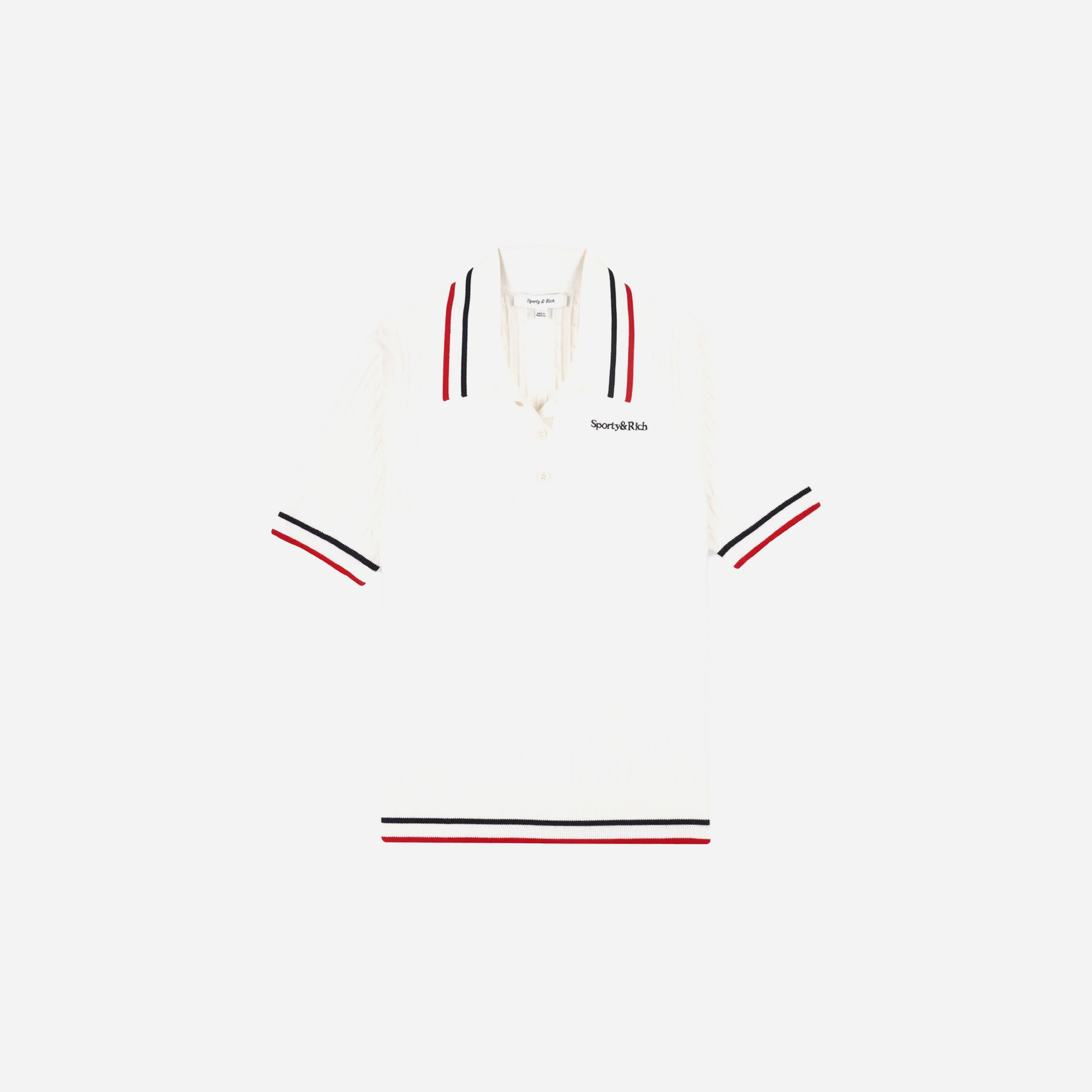 Sporty&Rich Serif Logo MIni Cable Polo - Off White/Navy/Red