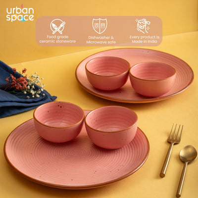 Handmade Ceramic Dinner Set for 2, set of 2 Dinner plates and 4 katoris, Set of 6, Warm Pink