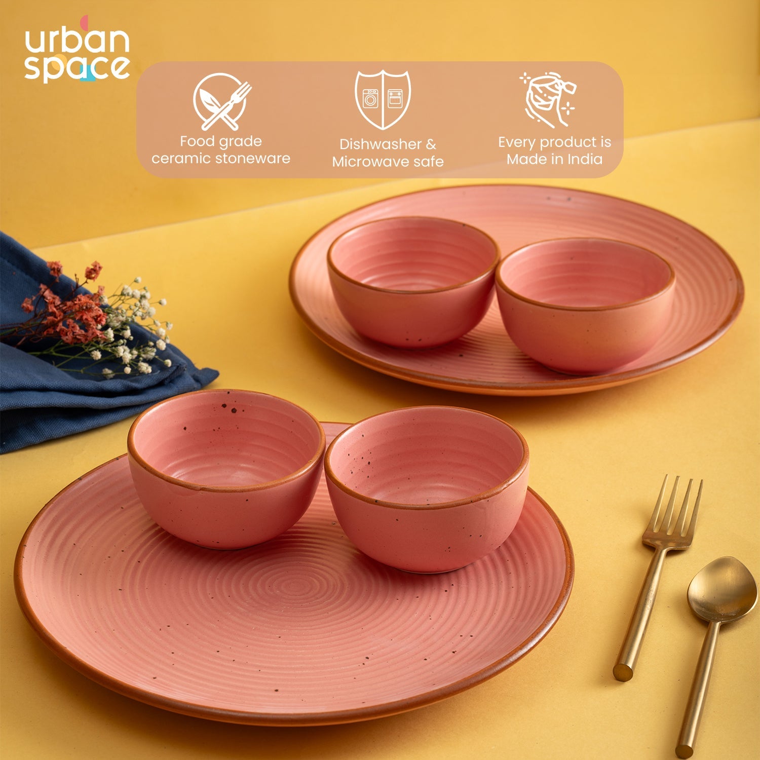 Handmade Ceramic Dinner Set for 2, set of 2 Dinner plates and 4 katoris, Set of 6, Warm Pink