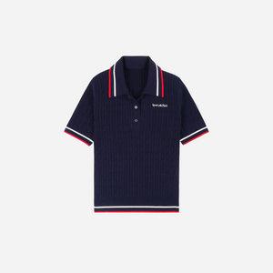 Sporty&Rich Serif Logo Mini Cable Polo - Navy/Off White/Red