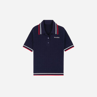 Sporty&Rich Serif Logo Mini Cable Polo - Navy/Off White/Red