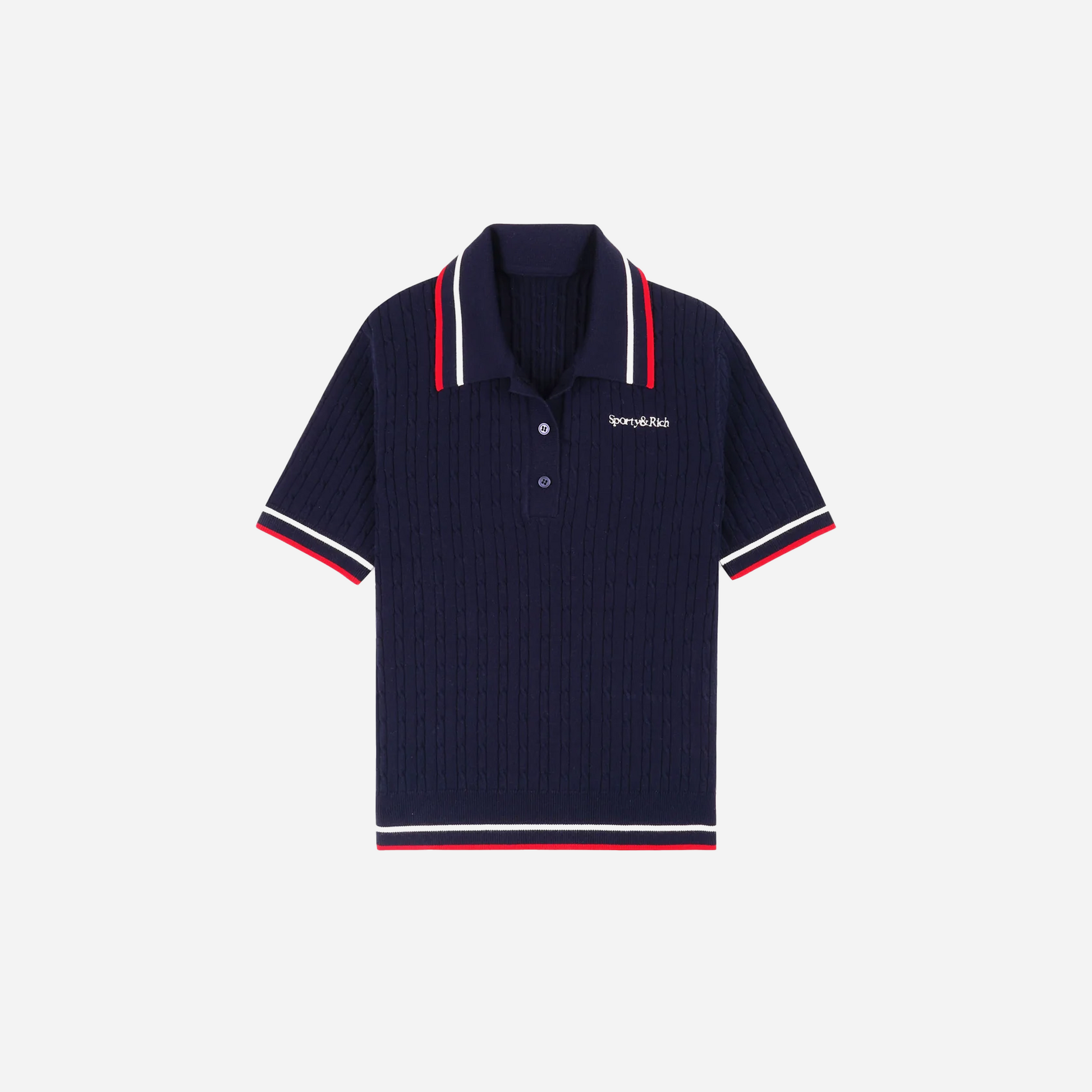 Sporty&Rich Serif Logo Mini Cable Polo - Navy/Off White/Red