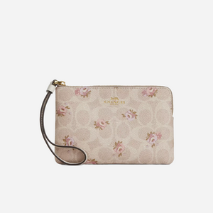 COACH Corner Zip Wristlet In Signature Canvas With Floral Print Gold/Sand Multi