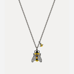 Vivienne Westwood Man. Bumble Bee Pendant Necklace Ruthenium Black Diamonds Crystal Black And Yellow