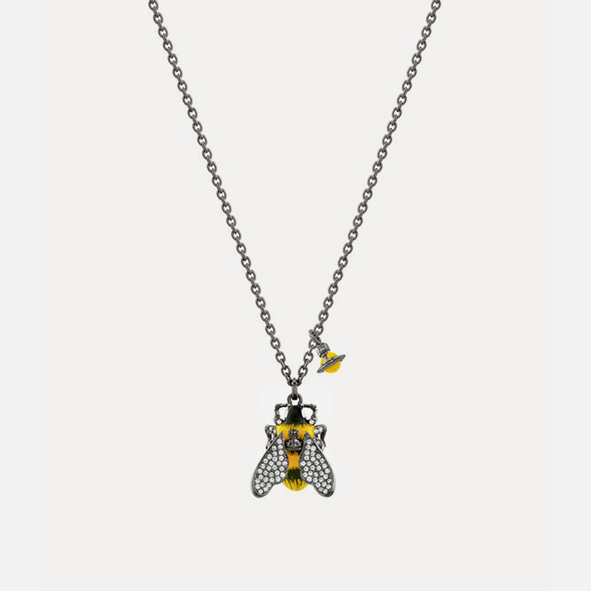 Vivienne Westwood Man. Bumble Bee Pendant Necklace Ruthenium Black Diamonds Crystal Black And Yellow