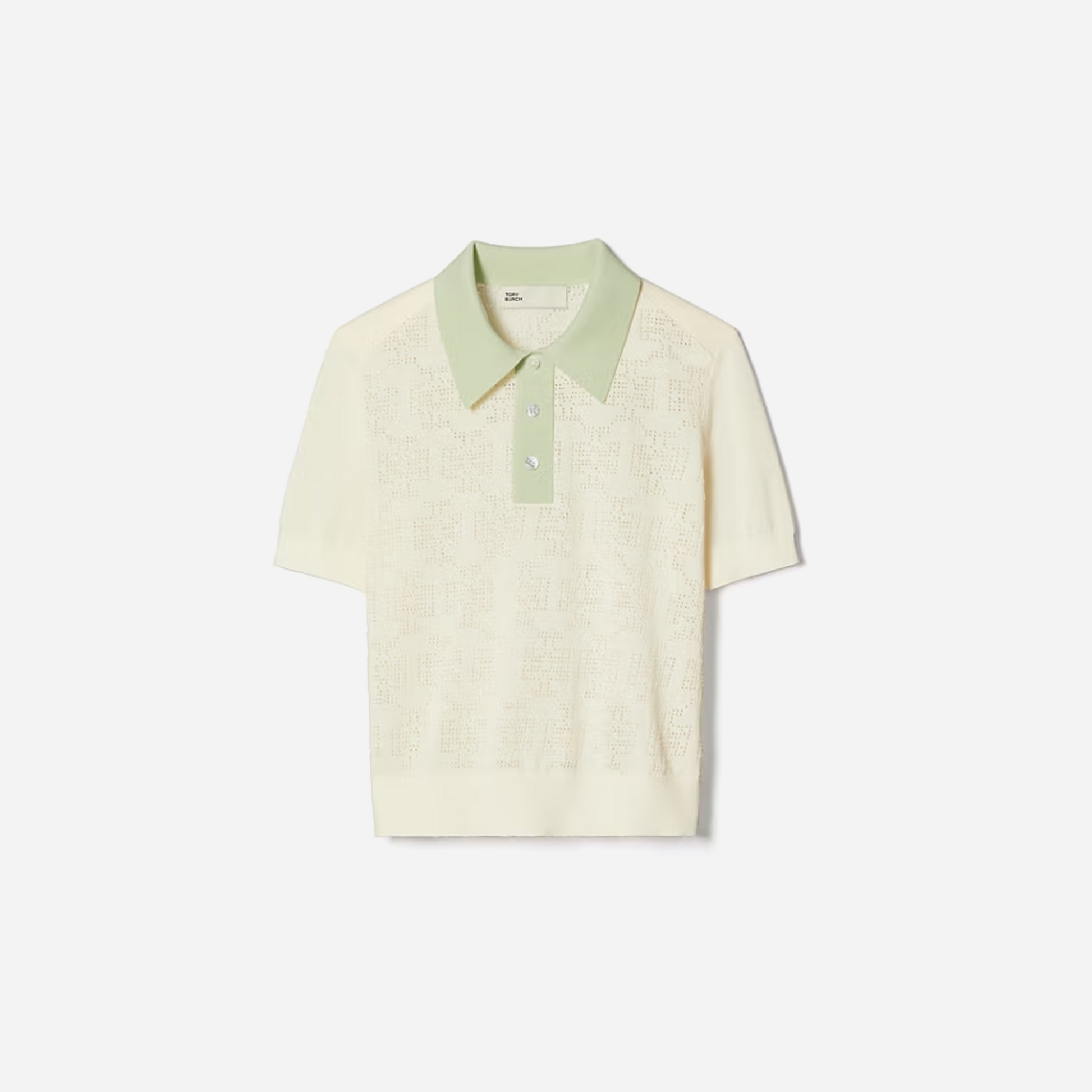 Tory Burch Cotton Pointelle Logo Polo New Ivory Light Peppermint