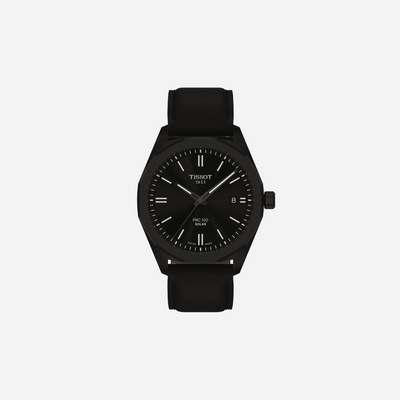 Tissot PRC 100 Solar Quartz Black Dial Black Leather Strap Watch 39mm