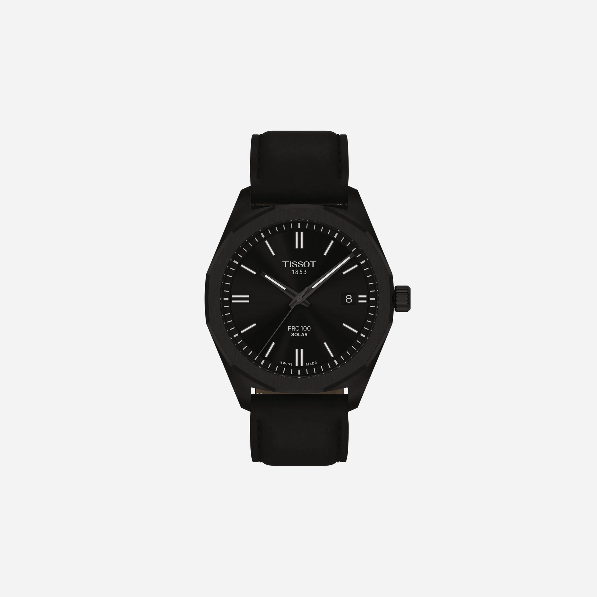 Tissot PRC 100 Solar Quartz Black Dial Black Leather Strap Watch 39mm
