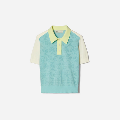 Tory Burch Cotton Pointelle Logo Polo New Ivory Pastel Sky
