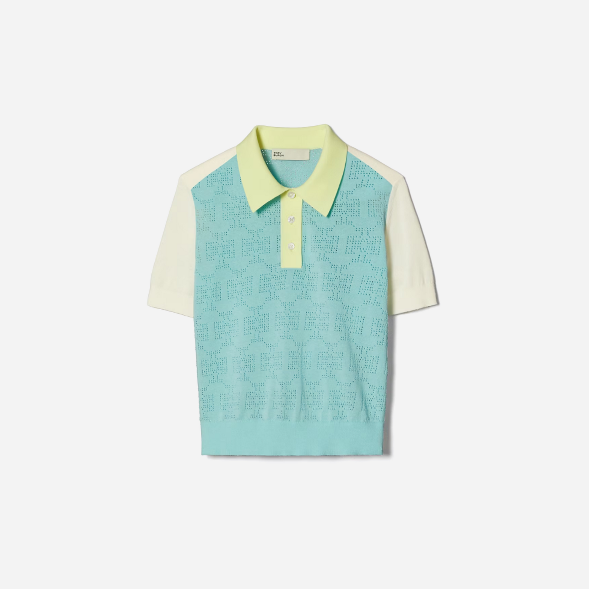 Tory Burch Cotton Pointelle Logo Polo New Ivory Pastel Sky