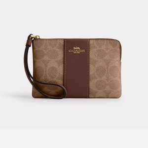 Coach Corner Zip Wristlet In Signature Canvas With Stripe Tan/Brown