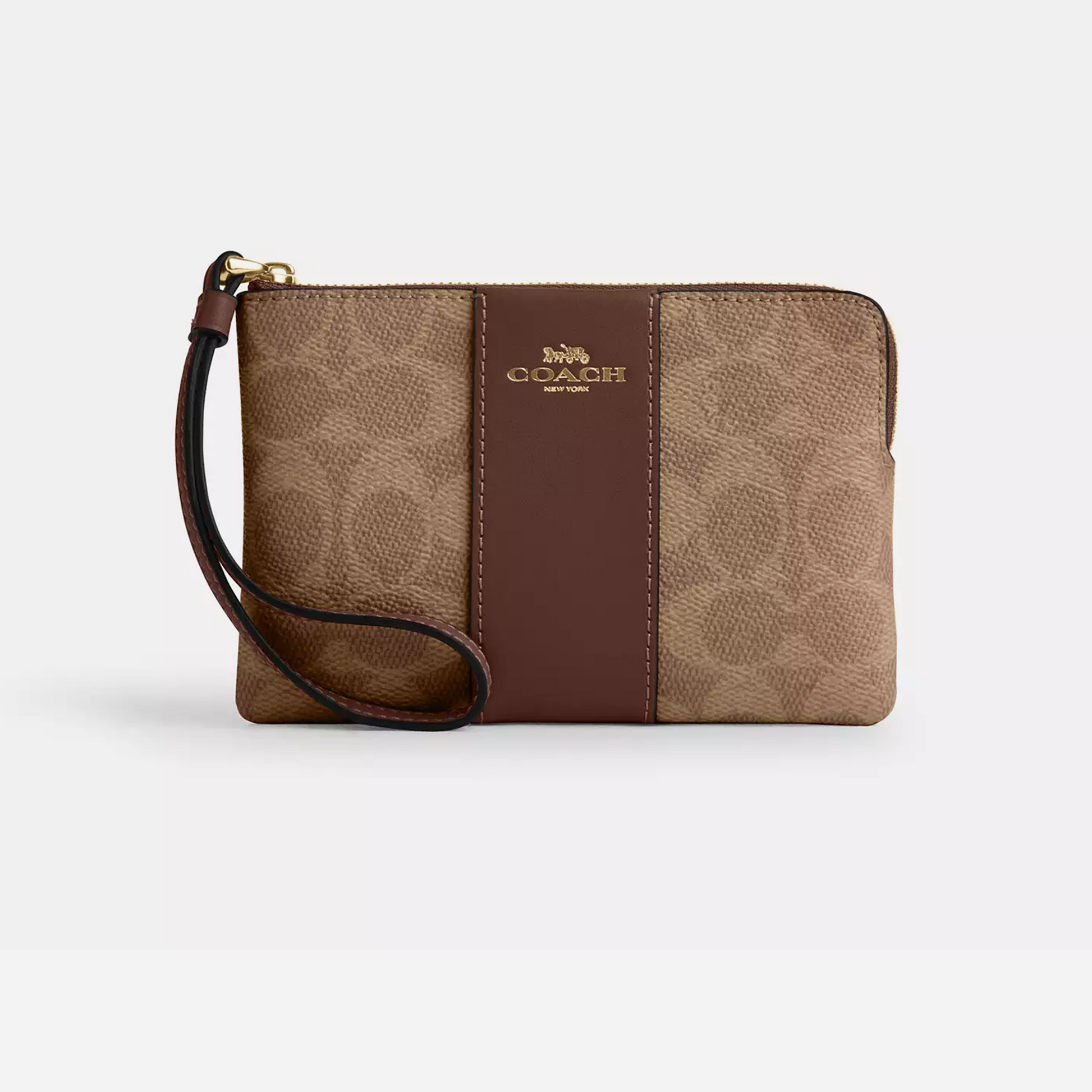 Coach Corner Zip Wristlet In Signature Canvas With Stripe Tan/Brown