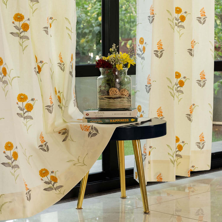 100% Cotton Curtains for Living Room, Bedroom curtains - Pack of 2 curtains, Cotton Coneflower - Yellow