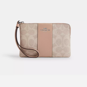 Coach Corner Zip Wristlet In Signature Canvas With Stripe Sand/Taupe