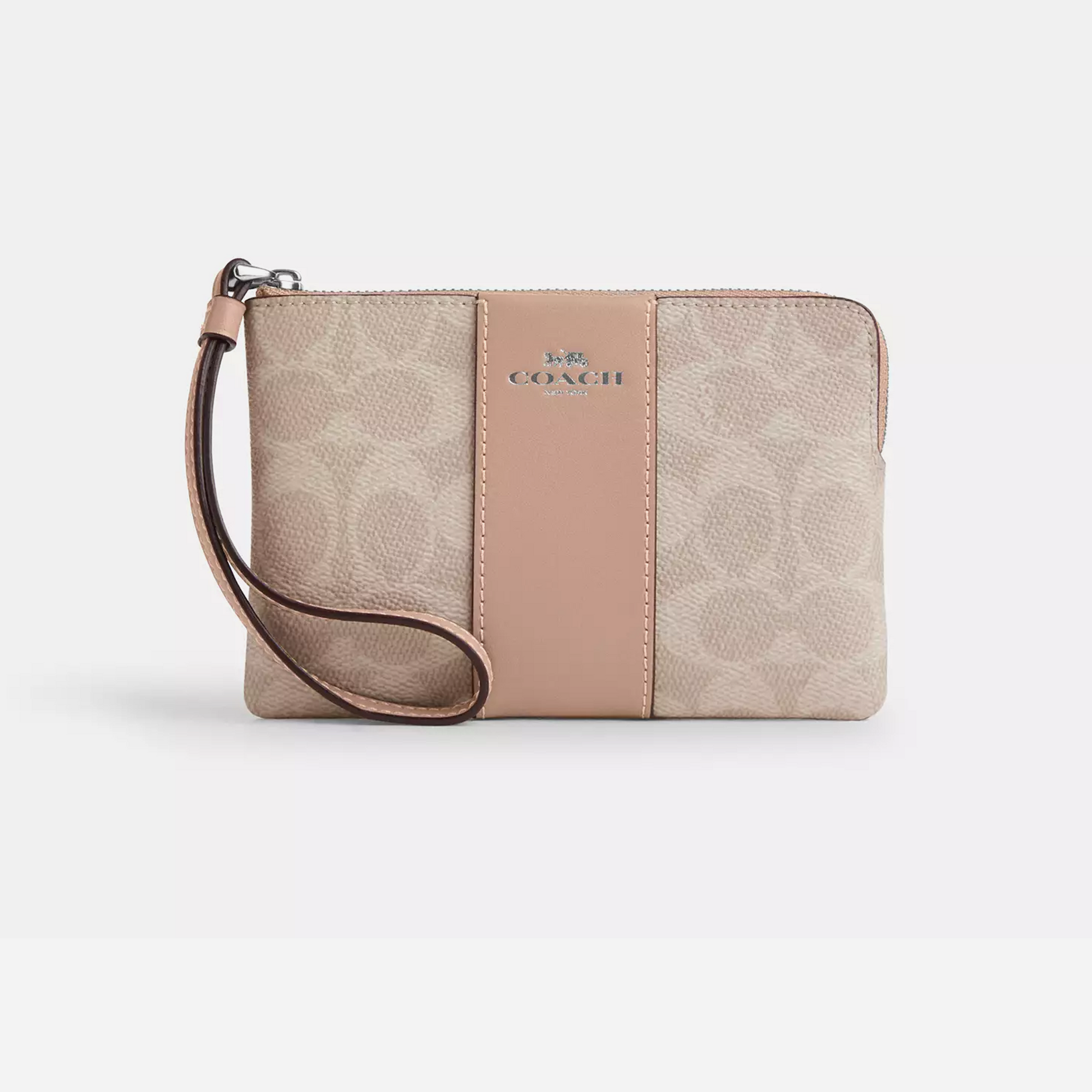 Coach Corner Zip Wristlet In Signature Canvas With Stripe Sand/Taupe
