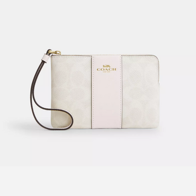 Coach Corner Zip Wristlet In Signature Canvas With Stripe White/Chalk
