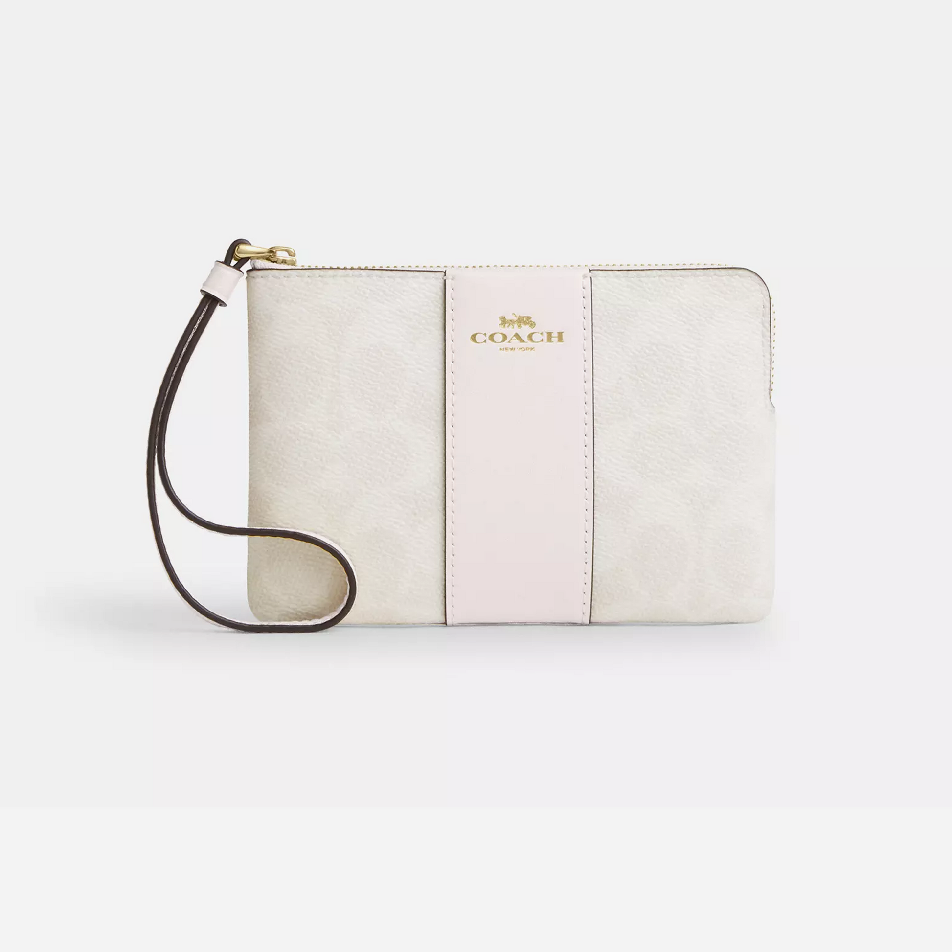 Coach Corner Zip Wristlet In Signature Canvas With Stripe White/Chalk