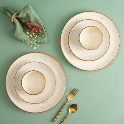 Handmade Ceramic Full dinner set for 2, 2 pieces each of dinner plate, quarter plate and katori bowls, Set of 6, Natural Beige