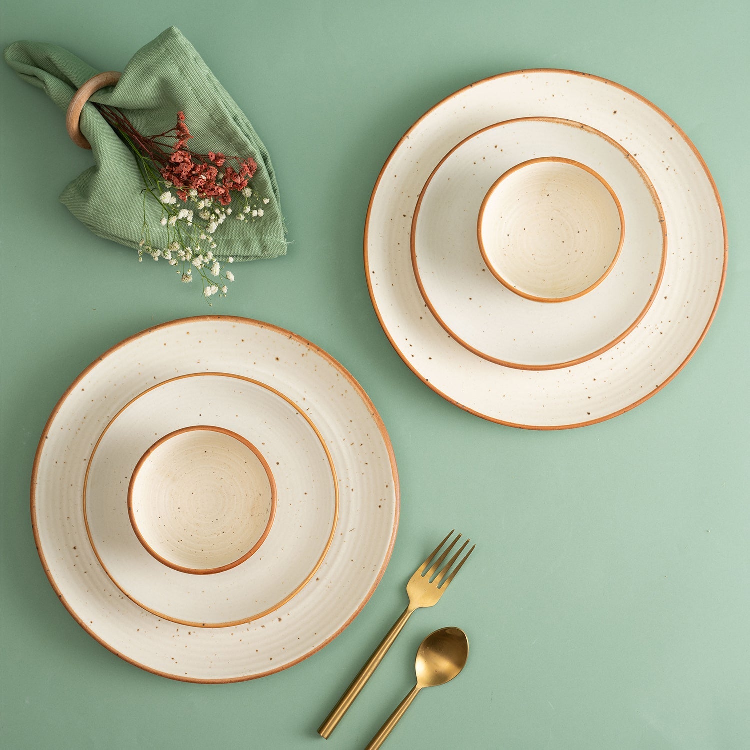 Handmade Ceramic Full dinner set for 2, 2 pieces each of dinner plate, quarter plate and katori bowls, Set of 6, Natural Beige