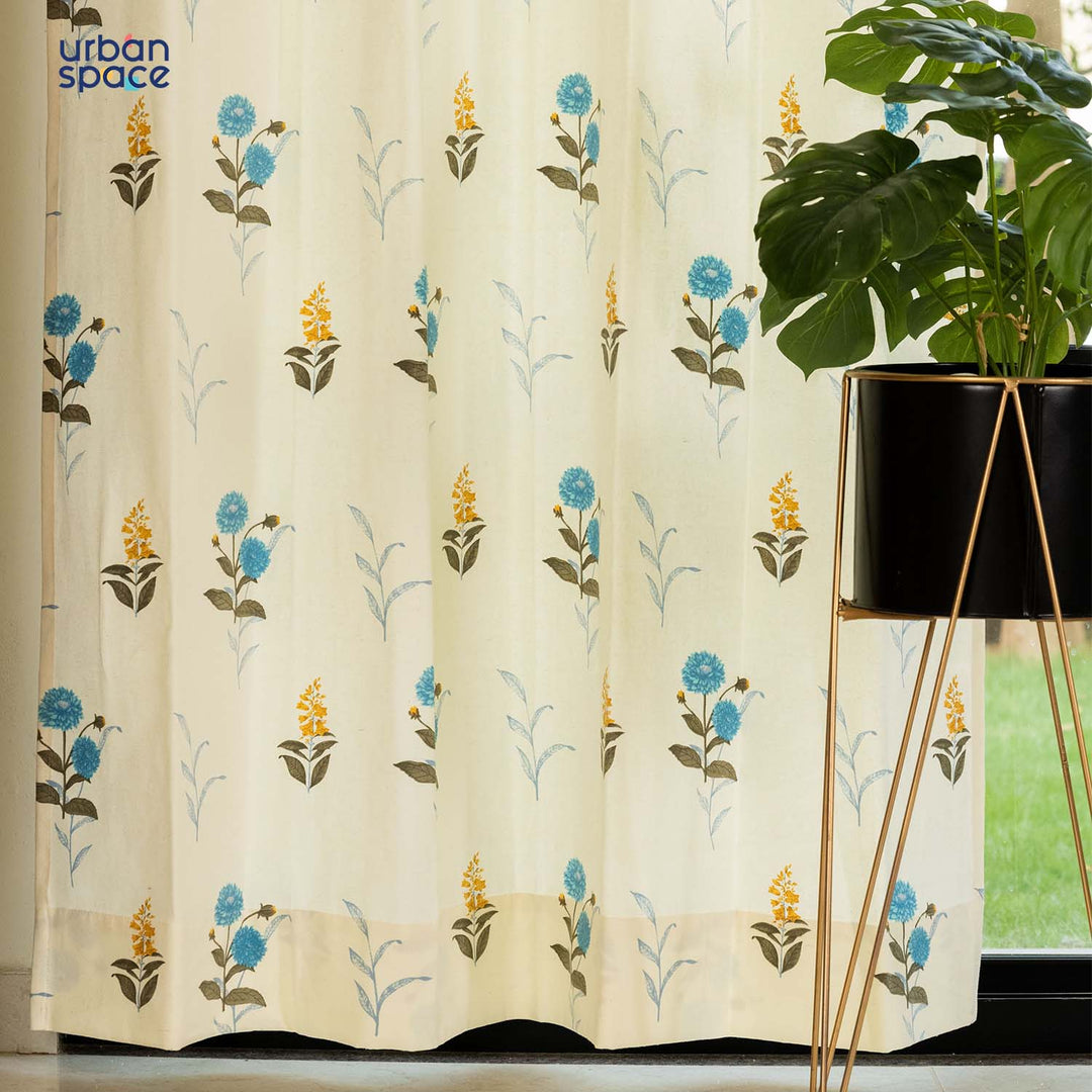 100% Cotton Curtains for Living Room, Bedroom curtains - Pack of 2 curtains, Cotton Coneflower - Blue