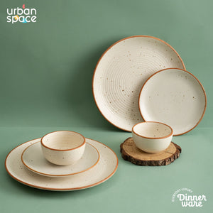 Handmade Ceramic Full dinner set for 2, 2 pieces each of dinner plate, quarter plate and katori bowls, Set of 6, Natural Beige
