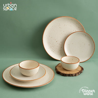 Handmade Ceramic Full dinner set for 2, 2 pieces each of dinner plate, quarter plate and katori bowls, Set of 6, Natural Beige