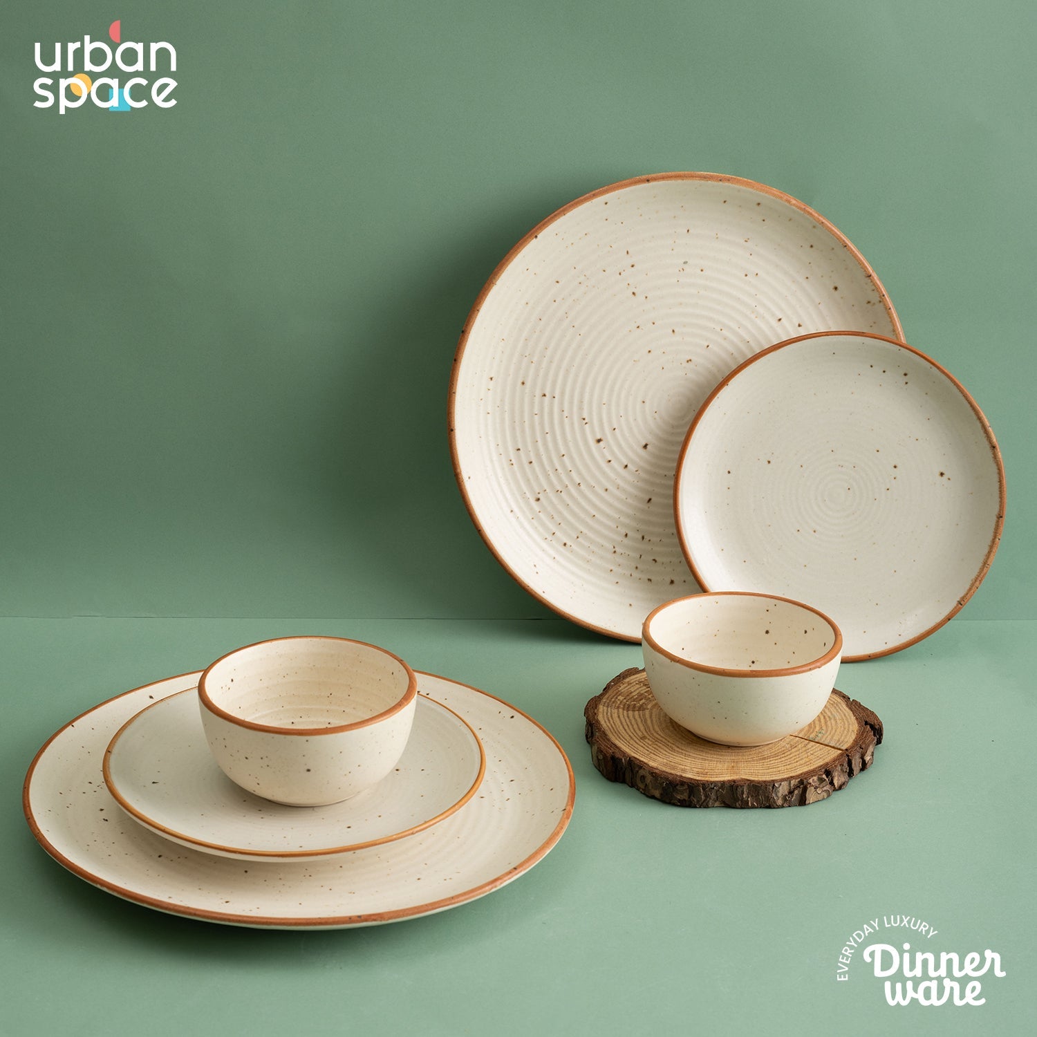 Handmade Ceramic Full dinner set for 2, 2 pieces each of dinner plate, quarter plate and katori bowls, Set of 6, Natural Beige
