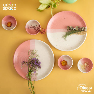Handmade Ceramic Dinner Set for 2, set of 2 Dinner plates and 4 katoris, Set of 6, Pink Pearl