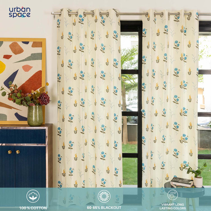 100% Cotton Curtains for Living Room, Bedroom curtains - Pack of 2 curtains, Cotton Coneflower - Blue